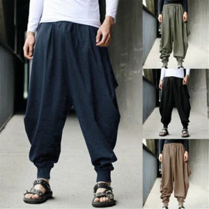 Men's Casual Harem Japanese Trousers Loose Baggy Fit Hippy Hakama Bottoms Pants - Picture 1 of 14