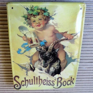 SCHULTHEISS BOCK = Altes Blechschild Berlin um 1995 Elfe reitet Ziegenbock BIER - Bild 1 von 6