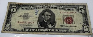 1963 $5 CIRCULATED RED SEAL NOTE A 40953693 A - Picture 1 of 2