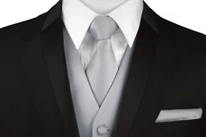 Herren Silber Satin Formell Smoking Weste, Krawatte & Taschentuch Set Hochzeit Abschlussball Heimkehr - Bild 1 von 5