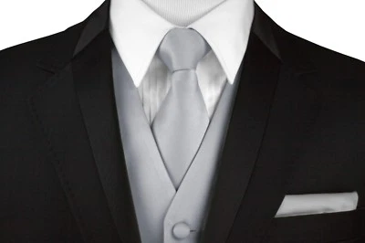 Men's Silver Satin Formal Tuxedo Vest, Tie & Hankie Set Wedding Prom Homecoming - Image 1 of 4