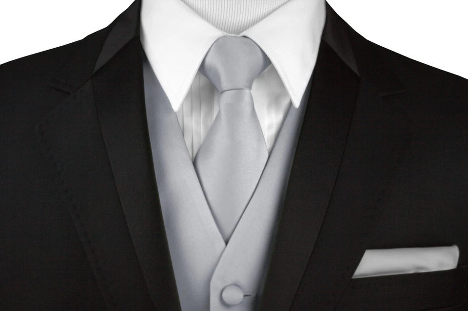 Men's Silver Satin Formal Tuxedo Vest, Tie & Hankie Set Wedding Prom Homecoming - Image 1 of 4