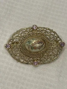 Oval Filigree Brooch Pin Painted Center Stone with Pink Rhinestones Vintage - Picture 1 of 3
