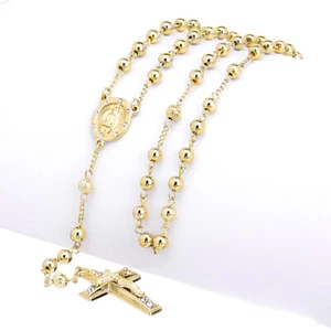 Men's 6mm Bead Rosary Gold Plated Guadalupe & Jesus Cross 28" Necklace HR 600 G - Picture 1 of 3