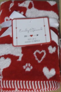 Dachshund & Hearts Red 100% Cotton Hand Towel Set NEW - Picture 1 of 3