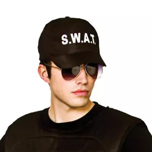 Swat Cap Cop FBI Police Officer Hat Black Mens Adults Fancy Dress Accessory New - Picture 1 of 1