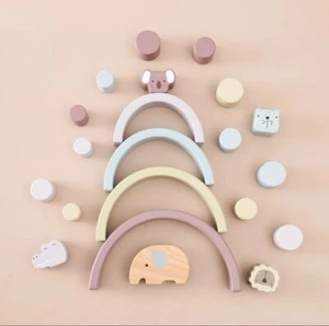 Montessori wooden rainbow toy and animals non toxic birthday gift  developmental - Picture 1 of 5