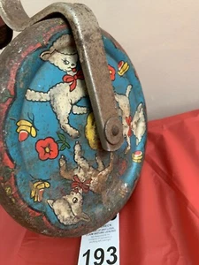 Vintage tin litho The Gong Bell Mfg Co. Children's Roller Wheel Handle Push Toy - Picture 1 of 9