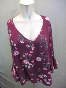 Krazy Kat Size XL Womens Burgundy Floral Long Sleeve V-Neck Blouse Top 7Y949 - Picture 1 of 9