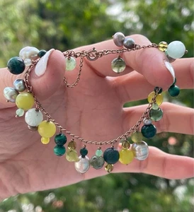 Vintage 9ct Rose Gold Bracelet With Green Stones & Pearl Charms Boho Chic - Picture 1 of 4