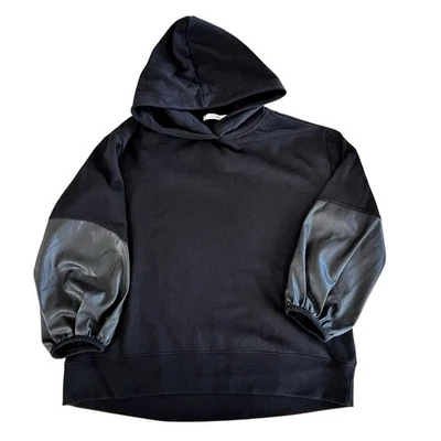 Dorothee Schumacher Black Hooded Sweatshirt Faux Leather Balloon Sleeve Size 2 - Image 1 of 4