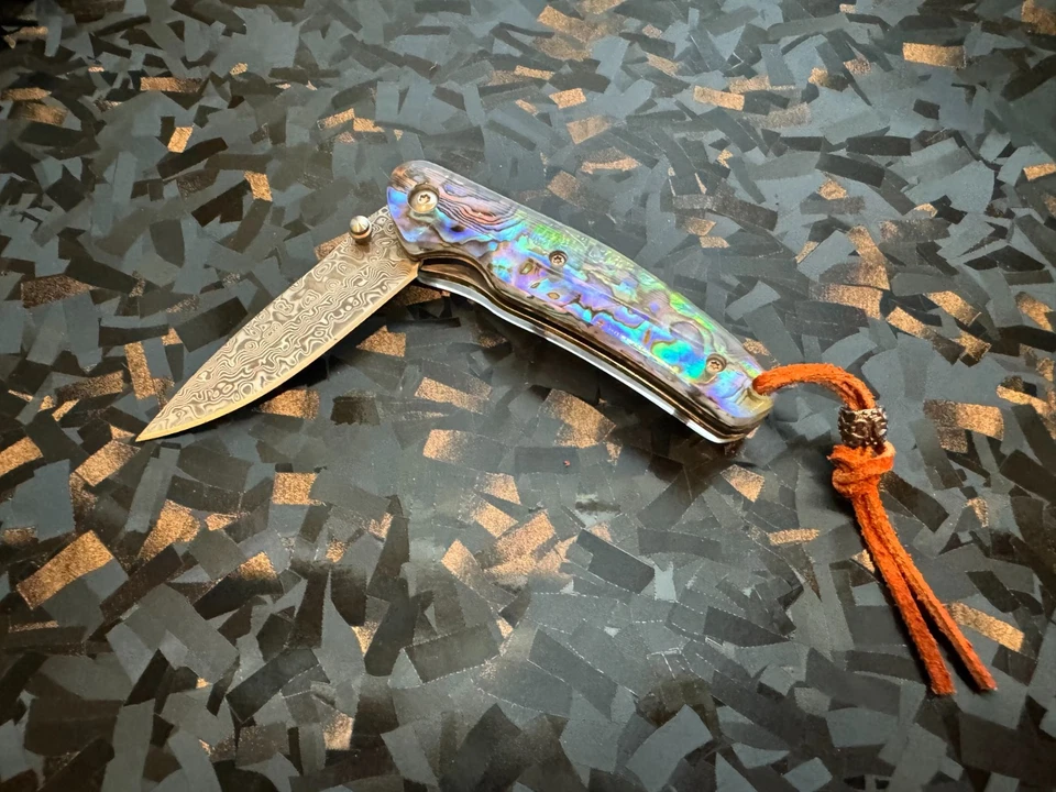 Abalone Damascus Folding Pocket Knife - Image 1 of 4