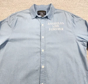 Camisa Aholes Live Forever Para Hombres 2XL Azul Denim Abotonada Bordado Eslogan XXL - Imagen 1 de 10