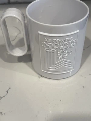 Vintage 1980's Winter Olympics Lake Placid Commemorative Plastic Mug Cup White - Image 1 of 4