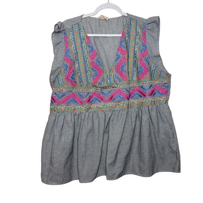 Savanna Jane Striped Embroidered Sleeveless Peplum Top Boho Festival Women 3X - Image 1 of 4