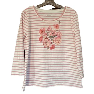 TALBOTS DONNA L TOP CASUAL 100% COTONE MANICA 3/4 FLOREALE E A RIGHE rosa bianco - Foto 1 di 9