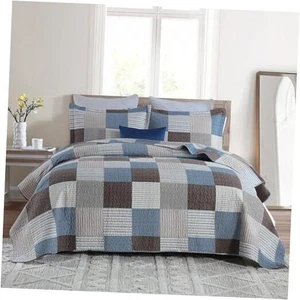 100% Cotton Quilt Set Queen Size, Patchwork Plaid Queen(90"x98") Blue/Brown - Picture 1 of 7