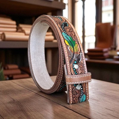 Cinturón Western Hecho a Mano Correa Para Hombre Cuero Grano Completo Sin Hebilla Vaquero Rodeo Cinturón Foto 1 de 4