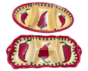 Bene Casa Hot Chili Pepper Condiment Dishes Oval & Rectangle Set Of 2 - Picture 1 of 10