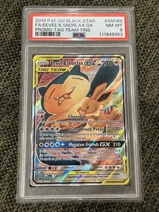 2019 POKEMON SM BLACK STAR PROMO TAG TEAM TINS FULL ART/EEVEE & SNORLAX GX PSA 8 - Picture 1 of 2