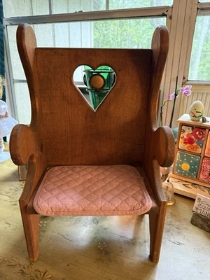 "Silla de madera primitiva vintage con respaldo de corazón - arte popular miniatura encanto gótico 20""" Foto 1 de 4