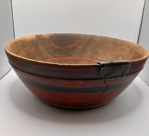 Antique Wooden Hand Carved Painted Food Begging Bowl With Metal Patch Fix - Picture 1 of 11