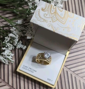Charter Club Gold Plated Cubic Zirconia 3 Row Ring Large Crystal Size 7 NWOT - Picture 1 of 10