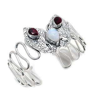 Regenbogen Mondstein, Granat Edelstein 925 Sterlingsilber Manschette Armband - Bild 1 von 5