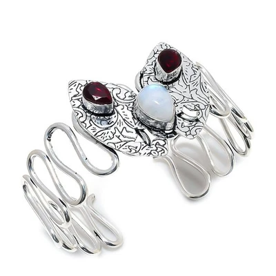 Regenbogen Mondstein, Granat Edelstein 925 Sterlingsilber Manschette Armband - Bild 1 von 4