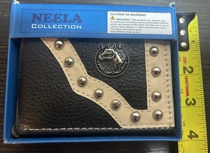 Herren-Geldbörse aus Leder mit Doppelfaltung Pferd und Hufeisen bestickt - Bild 1 von 4