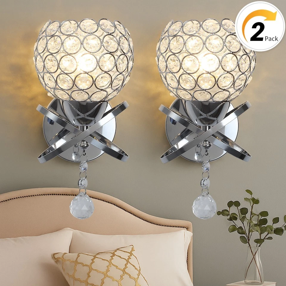 (Bombillas de 3 Colores Gratis*2) Apliques de Pared de Cristal Plateado Paquete de 2, E26 LED Elegante Luz Foto 1 de 4
