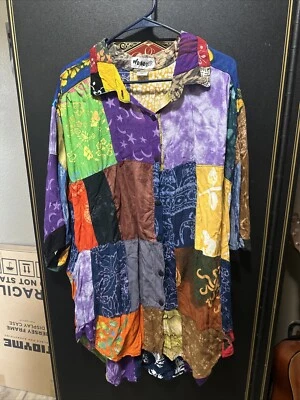 We Be Bop рубашка женщин 2XL большого размера пэчворк Flowy искусства 80/90-х на пуговицах Artsy - Изображение 1 из 3