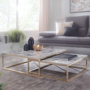 Juego de 2 mesas de centro FineBuy aspecto mármol blanco/oro mesa de juego bastidor metálico - Imagen 1 de 6