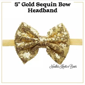 Girls 5" Gold Sequin Bow Headband, Birthday Bow, Christmas, New Years - Picture 1 of 1