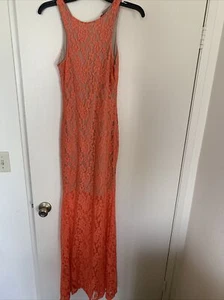 Dress Orange Long Fitted Lined Lace/Floral Design Size Small - Picture 1 of 12
