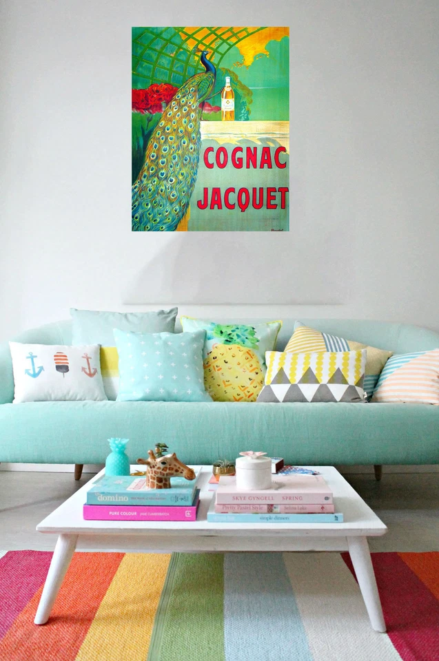 Vintage Art Print cognac peacock green Framed painting Canvas original - Image 1 of 4