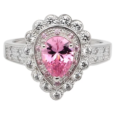 2-tone CZ Sterling Silver Ring 6x8mm Pear Cut Pink Cubic Zirconia Jewelry - Image 1 of 4