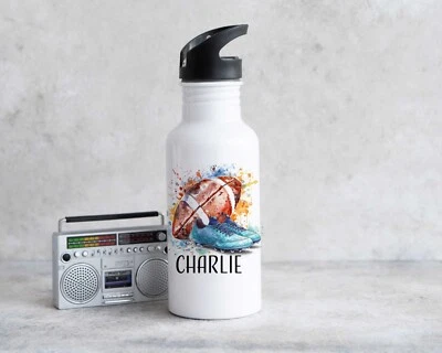 Personalised Rugby Boots boys Water bottle with Straw, Sports, School Metal - Image 1 of 4