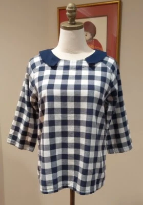 Портленд синий жизни хлопок темно-синий + белый имбирь 3/4 рукав Топ с воротником - Изображение 1 из 4