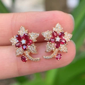 2.60Ct Oval Simulated Ruby Flower Stud Earrings 14k Yellow Gold Plated Women - Picture 1 of 3