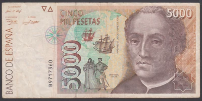 Spain  5000 Pesetas 12-10-1992  F-VF  P. 165,   Banknotes, Circulated - Image 1 of 2