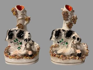 Pair of Antique Staffordshire Figural Child & Dog 7.75" Porcelain Spill Vases - Picture 1 of 10