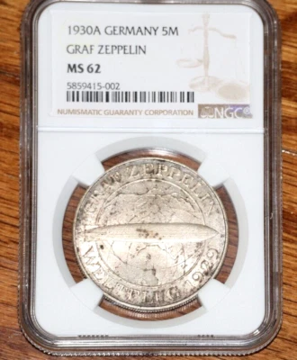 GERMANY 1930A German 5 Mark Weimar Rep. Graf Zeppelin Coin Certified NGC MS 62 - Image 1 of 4