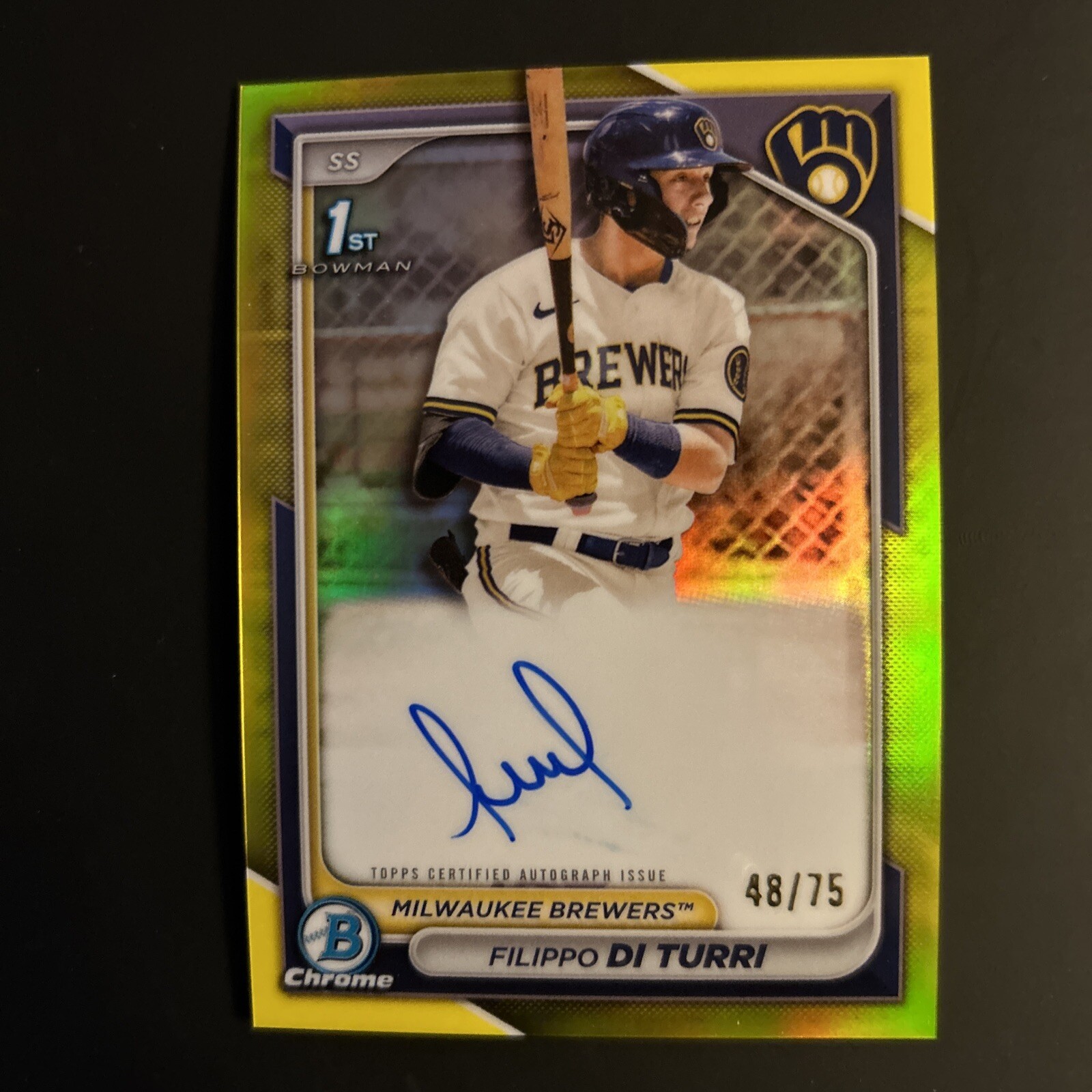 ⚾️ 2024 Bowman Chrome Filippo Di Turri Yellow  1st Auto /75 Brewers