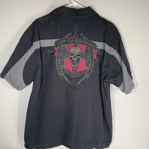 Harley Davidson Button Up Shirt Mens XL Black Biker Skull Wings Embroidered Logo - Picture 1 of 9