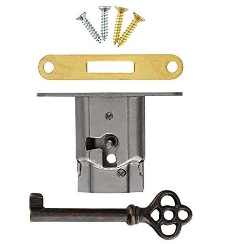 Full Mortise Cabinet Door or Drawer Lock w/Plate and Skeleton Key - Antique F Cover