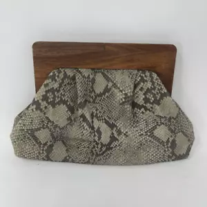 Banana Republic Suede Phyton Snake Print Leather Wooden Frame Hinged Clutch - Picture 1 of 7