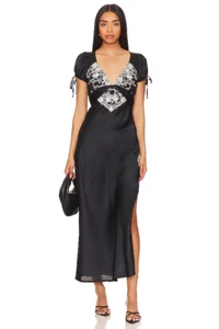 Free People Cooper Maxi Dress Women's 2 Black Satin Embroidered NWT $198 - Picture 1 of 15