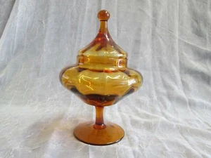 Empoli Italian Art Glass 10.5" Amber Gold Optic Covered Candy Dish Footed Jar - Picture 1 of 8