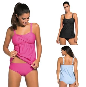 Women's Solid Color 2 Piece Swimwear Set Ruched Tankini Baby Doll Swimsuit Wear - Picture 1 of 32